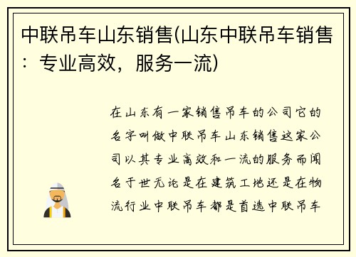 中联吊车山东销售(山东中联吊车销售：专业高效，服务一流)