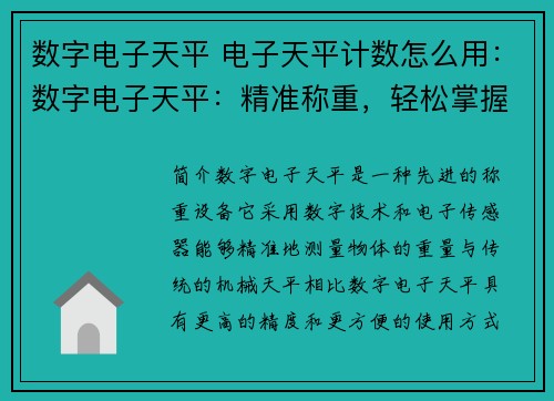 数字电子天平 电子天平计数怎么用：数字电子天平：精准称重，轻松掌握重量