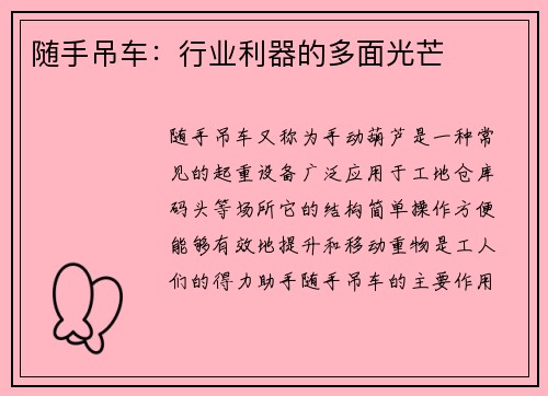 随手吊车：行业利器的多面光芒